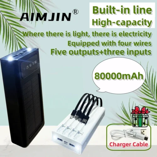 80000mAh Solar Power Bank with Built-in Cables, 2 USB Ports, LED Light for Xiaomi and iPhone
