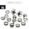 15Pcs Lotus Flower Black Rhinestone Gothic Vintage Silver Rings Set for Women and Men