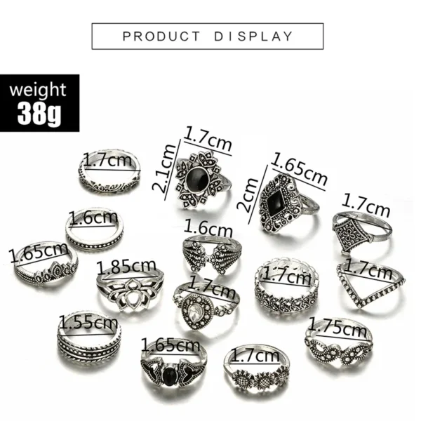 15Pcs Lotus Flower Black Rhinestone Gothic Vintage Silver Rings Set for Women and Men