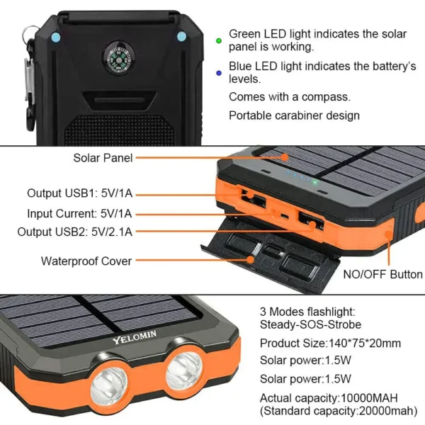 20000mAh Portable Solar Power Bank, Dual USB Fast Charger with LED Light, Waterproof External Battery for Phone
