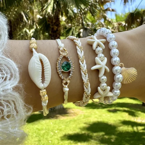 Tocona 5pcs Bohemian Imitation Pearl Bracelet Set for Women—Shell Beaded Bangles, Summer Beach Jewelry