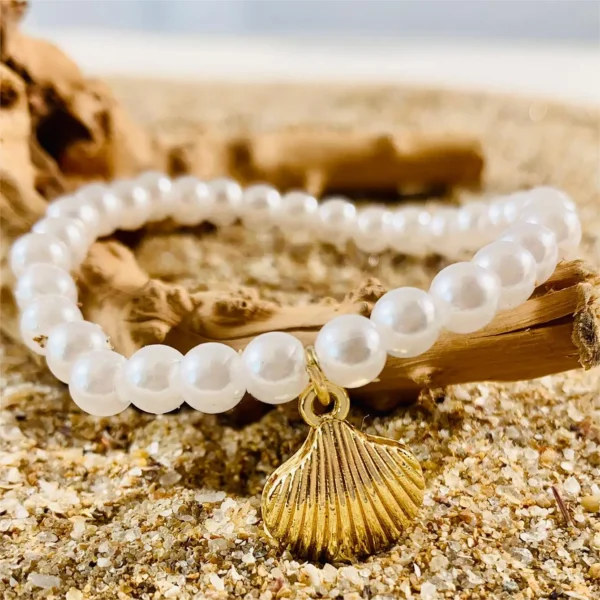 Tocona 5pcs Bohemian Imitation Pearl Bracelet Set for Women—Shell Beaded Bangles, Summer Beach Jewelry