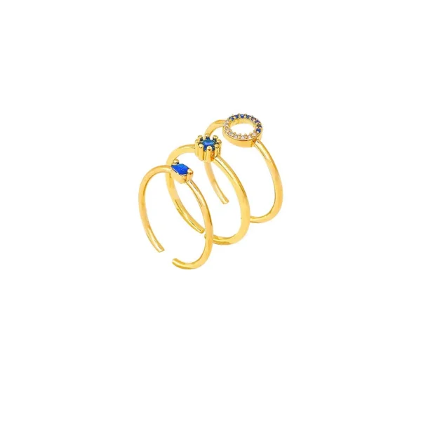 3pcs Blue Geometric Crystal Rings for Women, Vintage Gold Stainless Steel Jewelry Set
