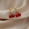 Wine Red Cherry Gold Pendant Necklace and Earrings Set for Women, Fashion Jewelry, Wedding and Birthday Gifts