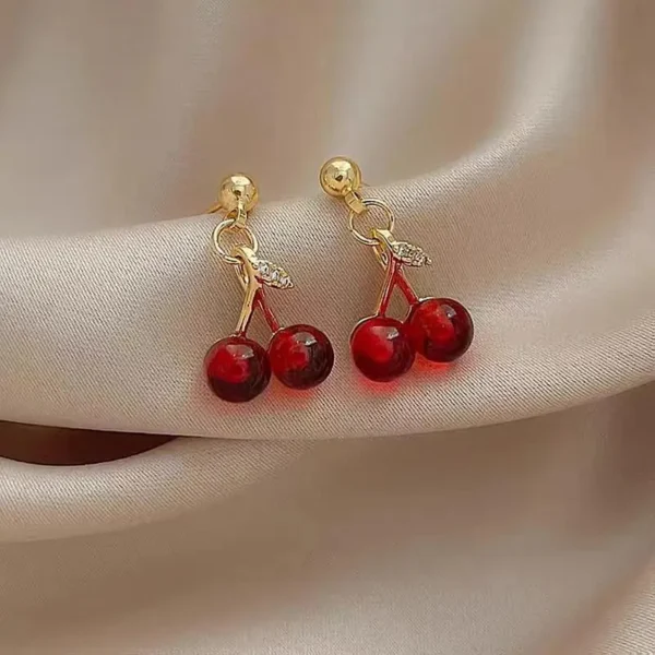 Wine Red Cherry Gold Pendant Necklace and Earrings Set for Women, Fashion Jewelry, Wedding and Birthday Gifts