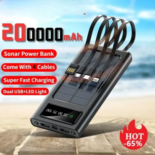 200000mAh Solar Power Bank, Fast Charging Battery with Dual USB & 4 Cables for iPhone Samsung