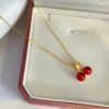 Wine Red Cherry Gold Pendant Necklace and Earrings Set for Women, Fashion Jewelry, Wedding and Birthday Gifts
