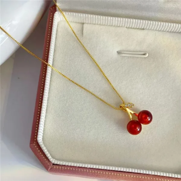 Wine Red Cherry Gold Pendant Necklace and Earrings Set for Women, Fashion Jewelry, Wedding and Birthday Gifts
