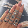 15Pcs Lotus Flower Black Rhinestone Gothic Vintage Silver Rings Set for Women and Men