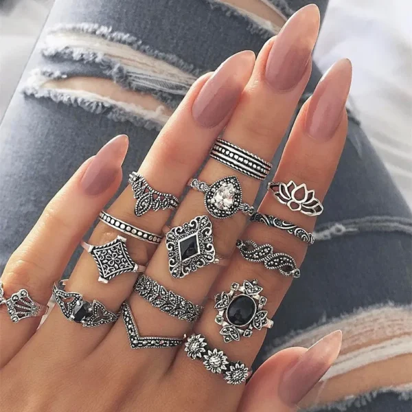 15Pcs Lotus Flower Black Rhinestone Gothic Vintage Silver Rings Set for Women and Men