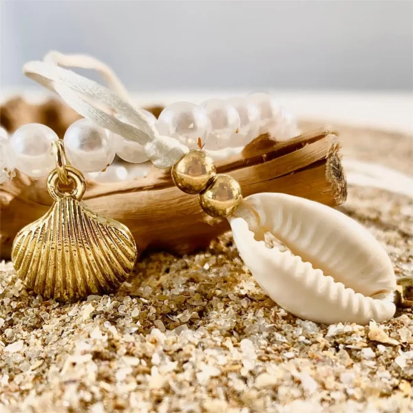 Tocona 5pcs Bohemian Imitation Pearl Bracelet Set for Women—Shell Beaded Bangles, Summer Beach Jewelry