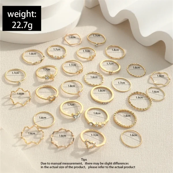 Fashion Wave Crystal Heart Ring Set for Women, Gold/Silver Party Jewelry