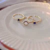 3pcs Blue Geometric Crystal Rings for Women, Vintage Gold Stainless Steel Jewelry Set