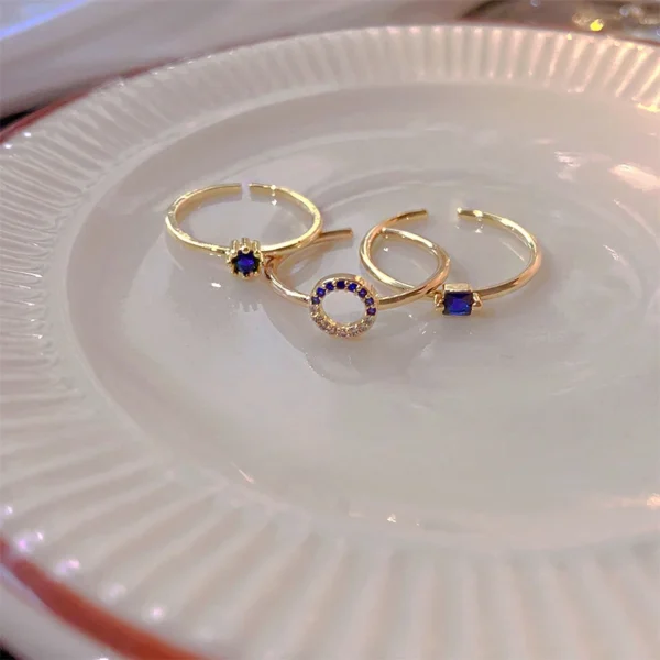 3pcs Blue Geometric Crystal Rings for Women, Vintage Gold Stainless Steel Jewelry Set