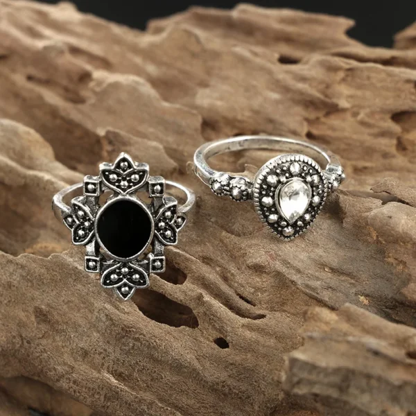 15Pcs Lotus Flower Black Rhinestone Gothic Vintage Silver Rings Set for Women and Men