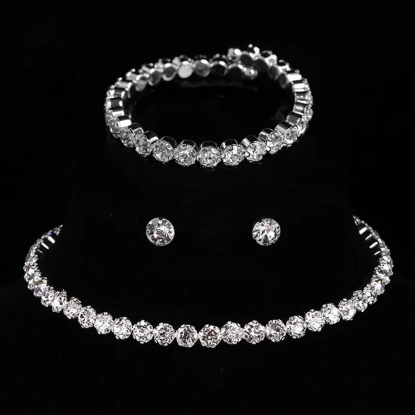 Luxury Crystal Jewelry Set for Women, Silver Bracelet, Stud Earrings, Zircon Necklace, Wedding Party Jewelry
