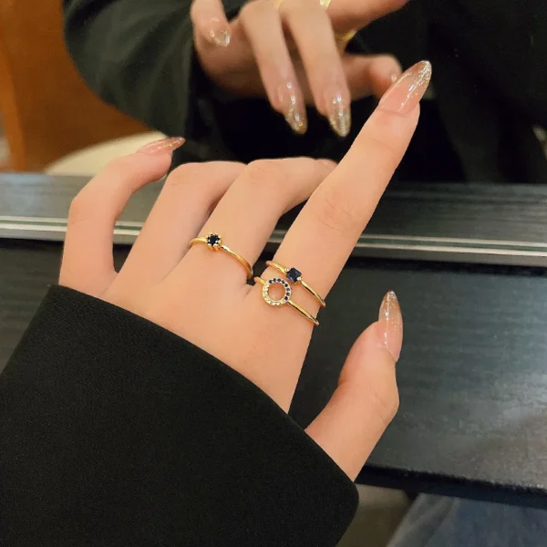 3pcs Blue Geometric Crystal Rings for Women, Vintage Gold Stainless Steel Jewelry Set