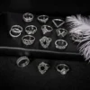 15Pcs Lotus Flower Black Rhinestone Gothic Vintage Silver Rings Set for Women and Men