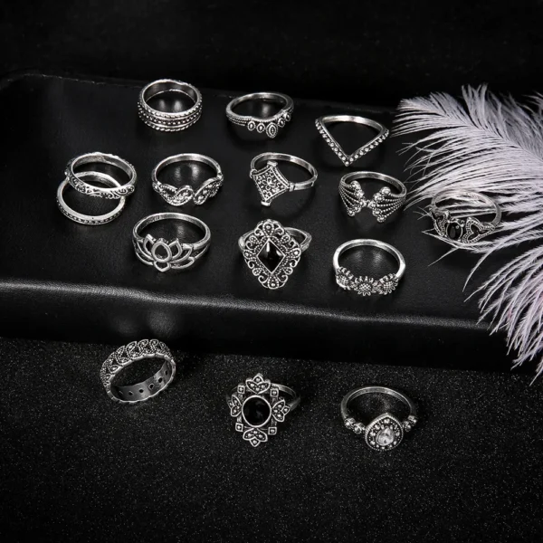 15Pcs Lotus Flower Black Rhinestone Gothic Vintage Silver Rings Set for Women and Men