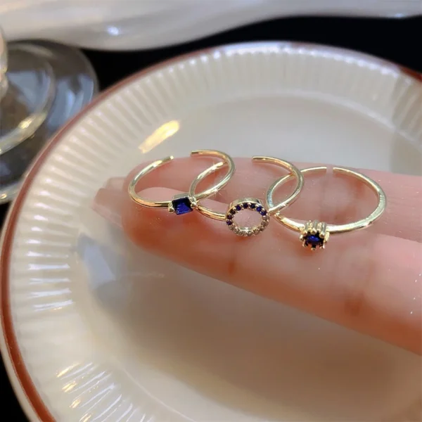 3pcs Blue Geometric Crystal Rings for Women, Vintage Gold Stainless Steel Jewelry Set