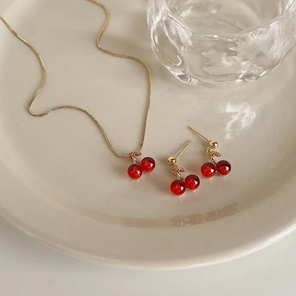 Wine Red Cherry Gold Pendant Necklace and Earrings Set for Women, Fashion Jewelry, Wedding and Birthday Gifts