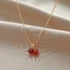 Wine Red Cherry Gold Pendant Necklace and Earrings Set for Women, Fashion Jewelry, Wedding and Birthday Gifts