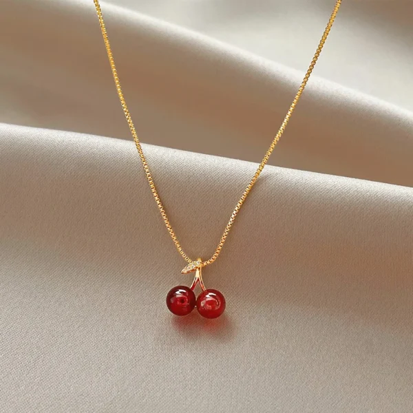 Wine Red Cherry Gold Pendant Necklace and Earrings Set for Women, Fashion Jewelry, Wedding and Birthday Gifts
