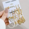 Boho Vintage Pearl Hoop Earrings Set, Gold Heart Butterfly Drop Earrings, Geometric Twist Jewelry Gift for Women