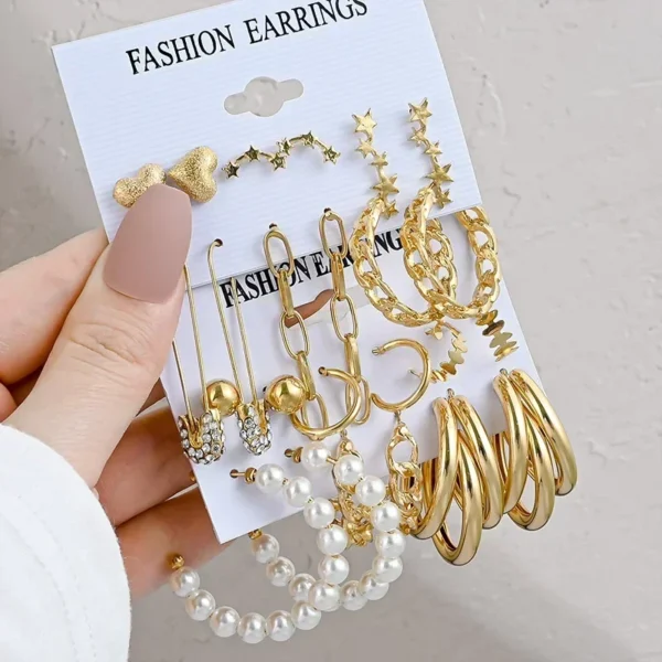Boho Vintage Pearl Hoop Earrings Set, Gold Heart Butterfly Drop Earrings, Geometric Twist Jewelry Gift for Women