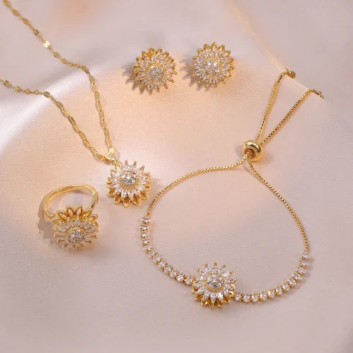 Fashionable Sunflower Jewelry Set for Women—Necklace, Ring, Bracelet, Perfect Birthday Gift