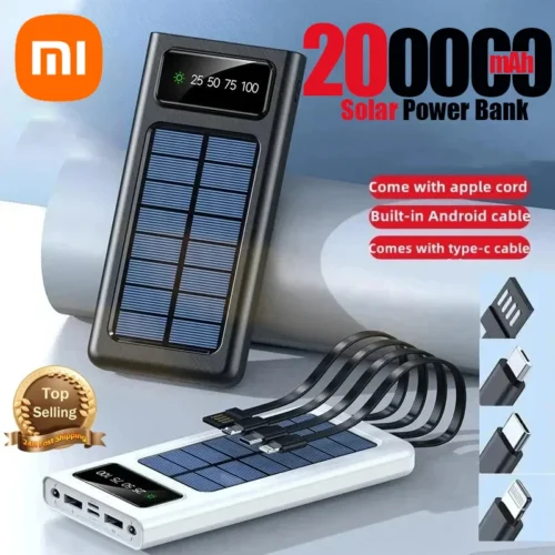 Xiaomi 200000mAh Solar Power Bank, Built-in Cables, 2 USB Ports, LED Light, Super Fast Charger
