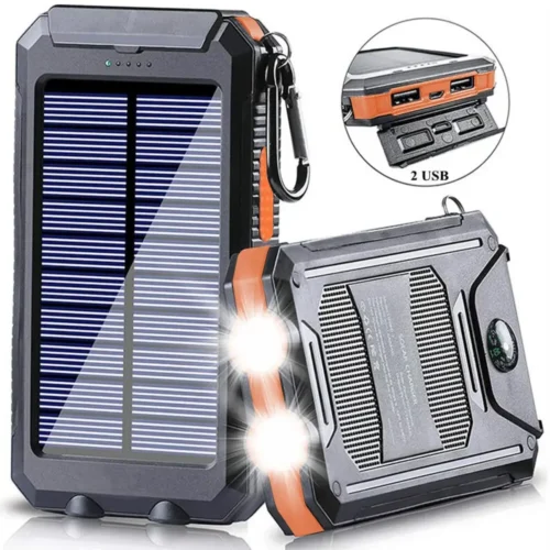 20000mAh Portable Solar Power Bank, Dual USB Fast Charger with LED Light, Waterproof External Battery for Phone