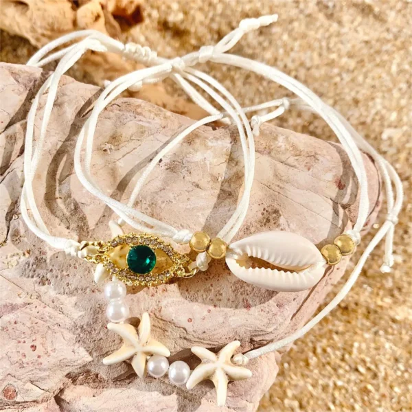 Tocona 5pcs Bohemian Imitation Pearl Bracelet Set for Women—Shell Beaded Bangles, Summer Beach Jewelry