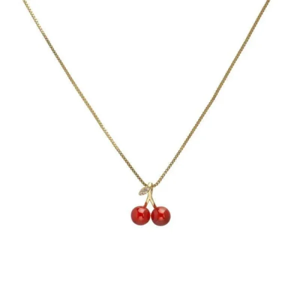 Wine Red Cherry Gold Pendant Necklace and Earrings Set for Women, Fashion Jewelry, Wedding and Birthday Gifts