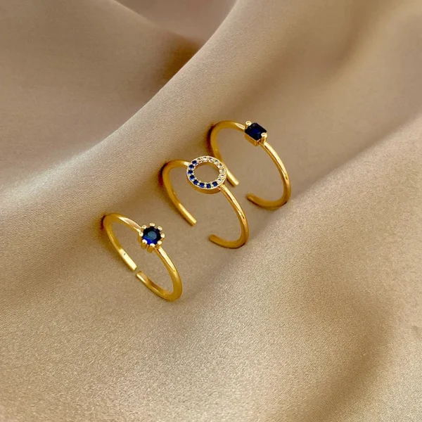 3pcs Blue Geometric Crystal Rings for Women, Vintage Gold Stainless Steel Jewelry Set