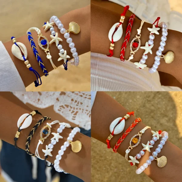 Tocona 5pcs Bohemian Imitation Pearl Bracelet Set for Women—Shell Beaded Bangles, Summer Beach Jewelry