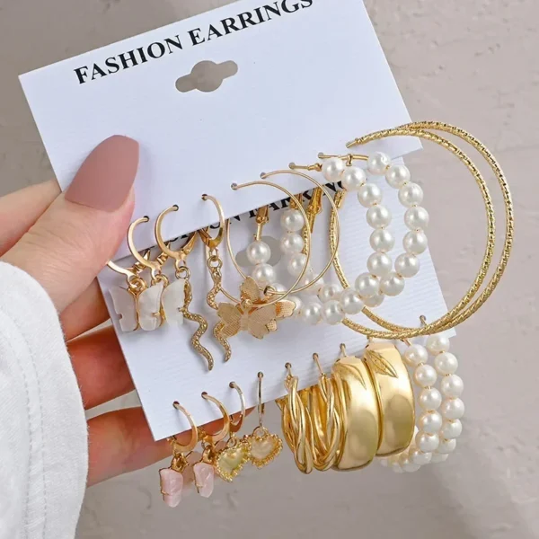 Boho Vintage Pearl Hoop Earrings Set, Gold Heart Butterfly Drop Earrings, Geometric Twist Jewelry Gift for Women