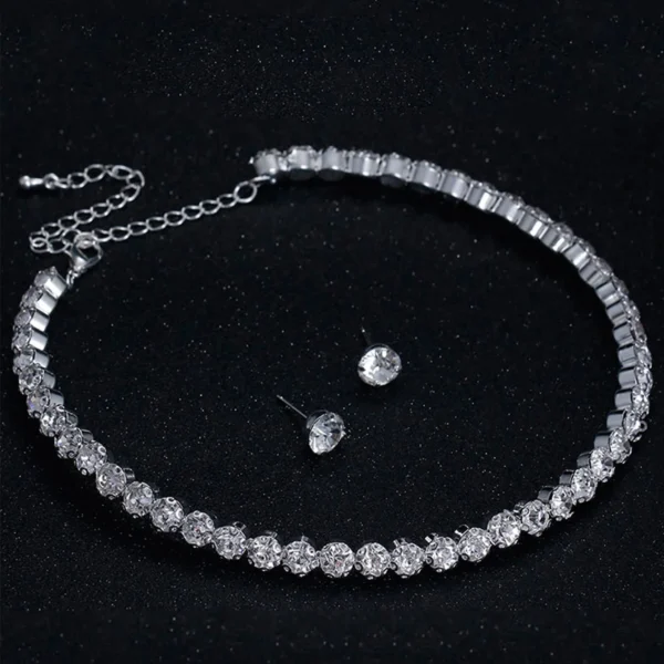 Luxury Crystal Jewelry Set for Women, Silver Bracelet, Stud Earrings, Zircon Necklace, Wedding Party Jewelry