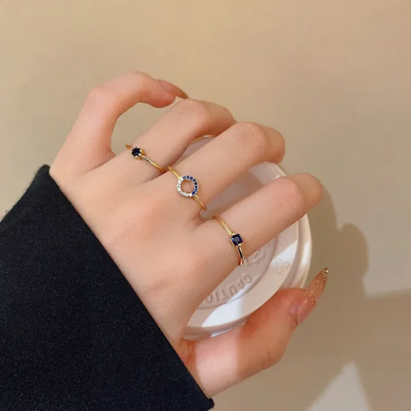 3pcs Blue Geometric Crystal Rings for Women, Vintage Gold Stainless Steel Jewelry Set