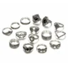 15Pcs Lotus Flower Black Rhinestone Gothic Vintage Silver Rings Set for Women and Men