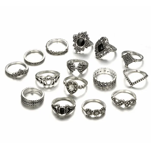 15Pcs Lotus Flower Black Rhinestone Gothic Vintage Silver Rings Set for Women and Men