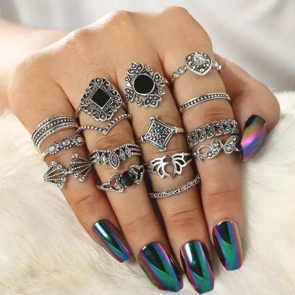 15Pcs Lotus Flower Black Rhinestone Gothic Vintage Silver Rings Set for Women and Men